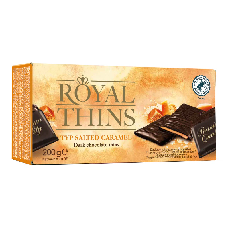Halloren Royal Thins Salted-Caramel-Creme-TĂ€felchen, vegan 200g / 7.05oz// MHD: 04/2026