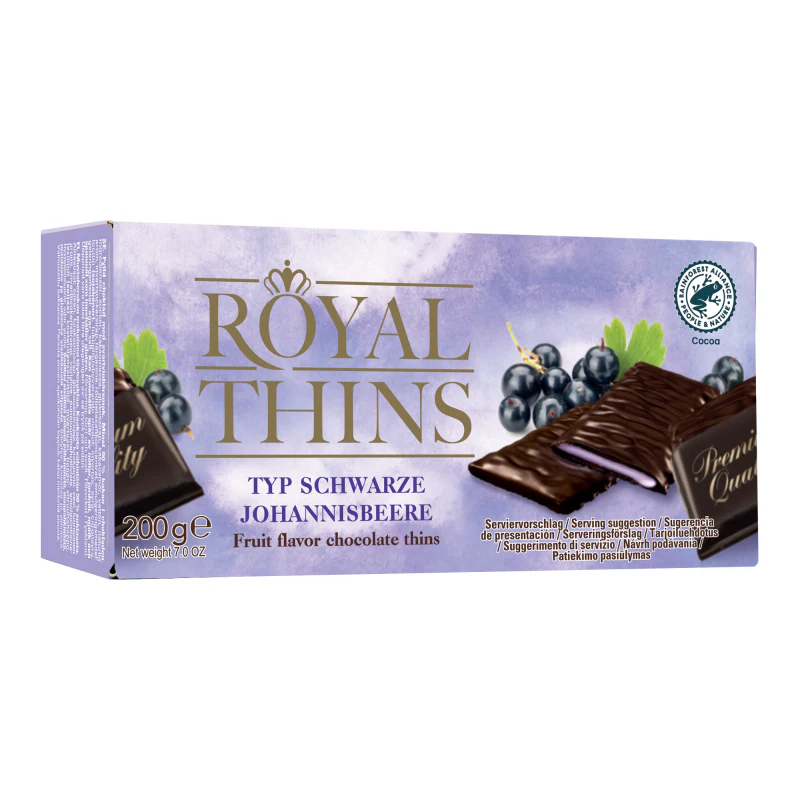 Halloren Royal Thins Schwarze Johannisbeere Creme-Täfelchen, vegan 200g / 7.05oz// MHD:  05/2026