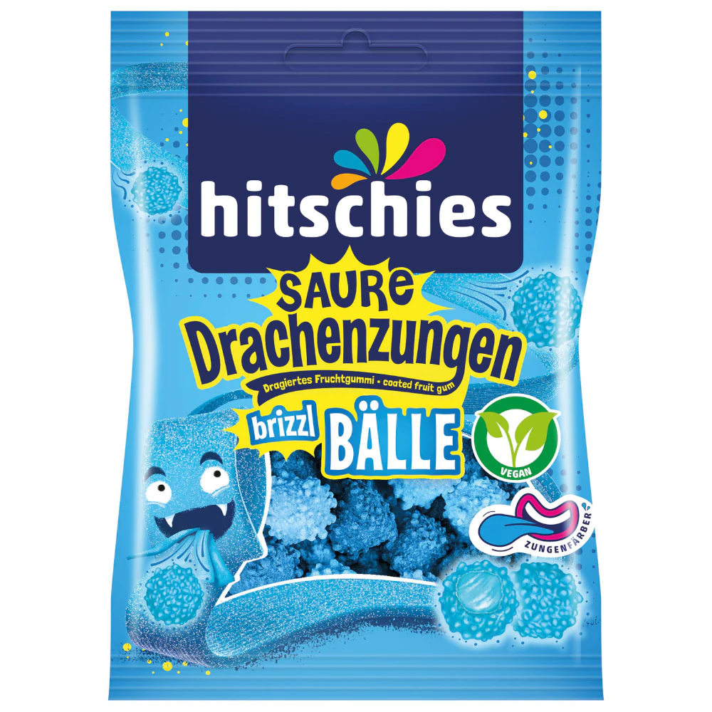 hitschies Saure Drachenzungen bizzl BĂ€lle blau, vegan 100g / 3.52oz